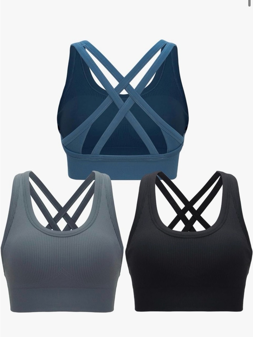 Seamless Crossback Ribbed Sports Bra - Blue, Gray, Black